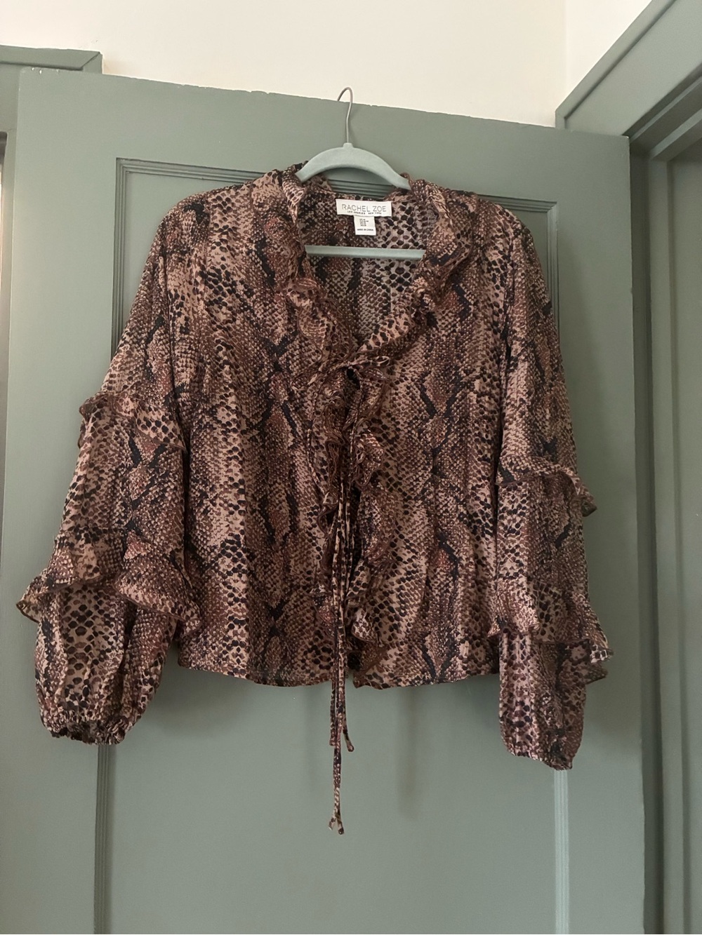 Nordstrom Brown Snake-Print Ruffle Tie Blouse